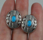 Sterling Silver Turquoise Bali Style Oval  Earrings Rope Swirl Concave