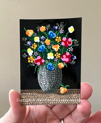 Оригинальные цветы в вазе точечное искусство ACEO от Шерил Гарман-Андраде. - Изображение 1 из 2