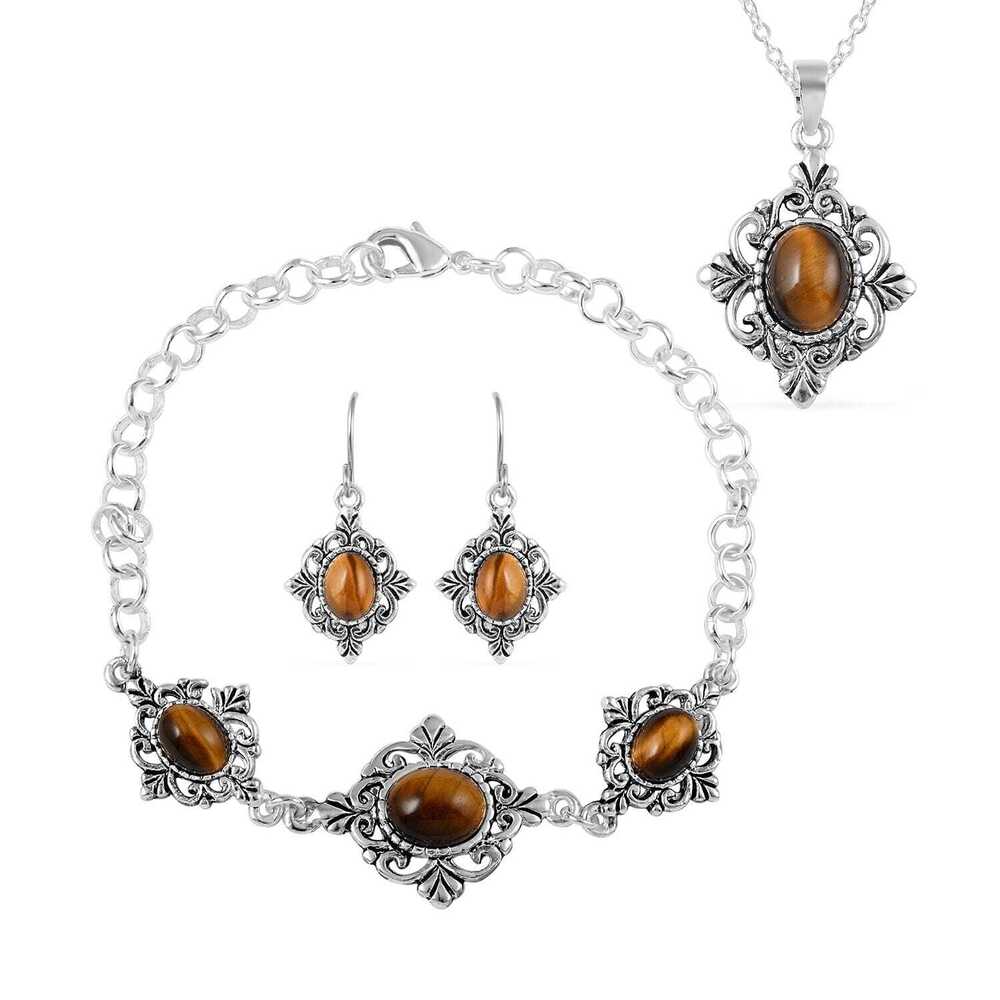 Natural Tigers Eye Earrings Bracelet Pendant Necklace 18" Jewelry Set Ct 3.8
