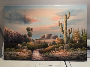 VTG MCM ARIZONA DESERT CACTUS LANDSCAPE ORIGINAL OIL PAINTING ART SIGNED GATTUS - Picture 1 of 7