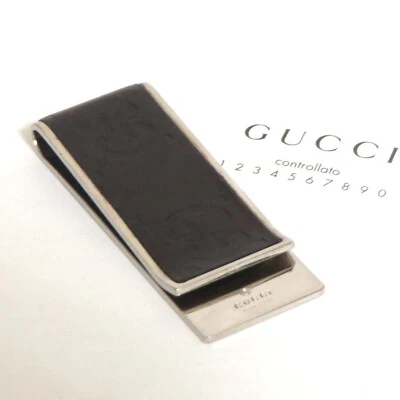 Auténtico Clip para Dinero Gucci GG Sima Cuero Marrón Oscuro Metal Plateado Hecho en Italia Foto 1 de 4