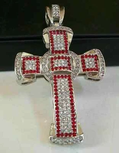 3 Ct Round Cut Lab Created Red Ruby Men's Cross Pendant Real 925 Sterling Silver - Picture 1 of 1
