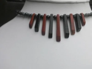 AZTEC ART DECO NECKLACE MEMORY WIRE RED JASPER BLACK AGATE BAR'S CHOKER COLLAR - Picture 1 of 5