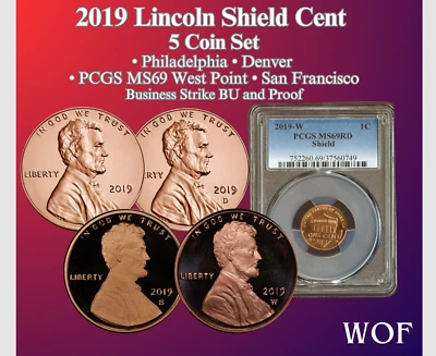 2019 P D W S LINCOLN SHIELD CENT 5 COIN SET BU & W S PROOF + PCGS MS69 W CENT - Image 1 of 3