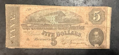 Confederate States of America Five Dollar Bill 1864 Richmond  - Image 1 of 2