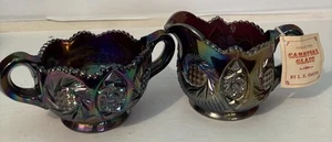 LE SMITH SUNBURST AMETHYST CARNIVAL GLASS CREAM & SUGAR SET New / Tag NOS - Picture 1 of 9