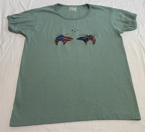 T-shirt donna vintage Hazelwoods taglia M ricamata verde schiuma di mare anni 90 vintage - Foto 1 di 6