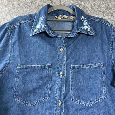 Camisa Vintage Mujer Mediana Azul Denim Bordada Top Cottage Prairie Retro Foto 1 de 4