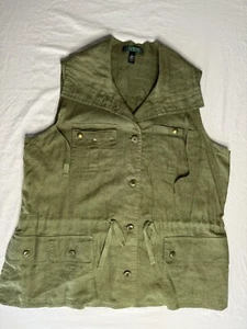 RALPH LAUREN Women's Size L Vest Reef Olive 100% Linen Collared - Picture 1 of 11