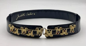 *JUDITH LEIBER Black Snakeskin Leather Jeweled Buckle Skinny Adjustable Belt* - Picture 1 of 12