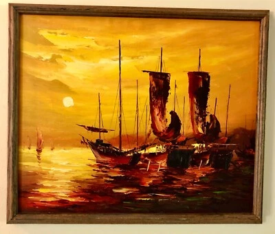 Original Oil Painting Tang Pui Sunset Boats - Image 1 of 4