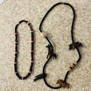 2 Collares de Madera - Animales de Safari Africanos Tallados y Cuentas Rasta Bohemio - Imagen 1 de 15