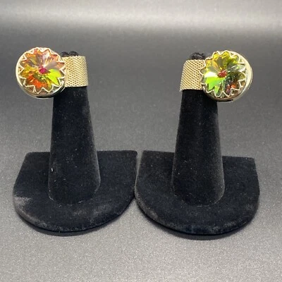 Vtg Watermelon Glass ShieldsRivoli Aurora Borealis Gold Tone Mesh Wrap Cufflinks Foto 1 de 4