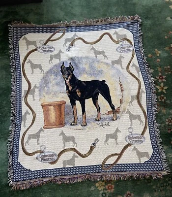 "De colección Doberman Pinscher Perro Algodón Tejido Manta Tapiz 50"" X 57""" Foto 1 de 4