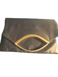 Ladies Leather Navy Clutch Handbag Pocketbook Metal Silver Handles Navy