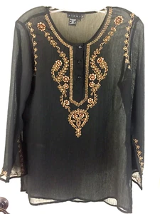 Ninety Medium Black Bronze Embellished Sequins Beads Hippie Peasant Tunic Top - Picture 1 of 10