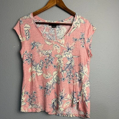 Sanctuary Pink Floral 100% Linen V Neck Cap Sleeve Top Size S Casual Natural - Image 1 of 4