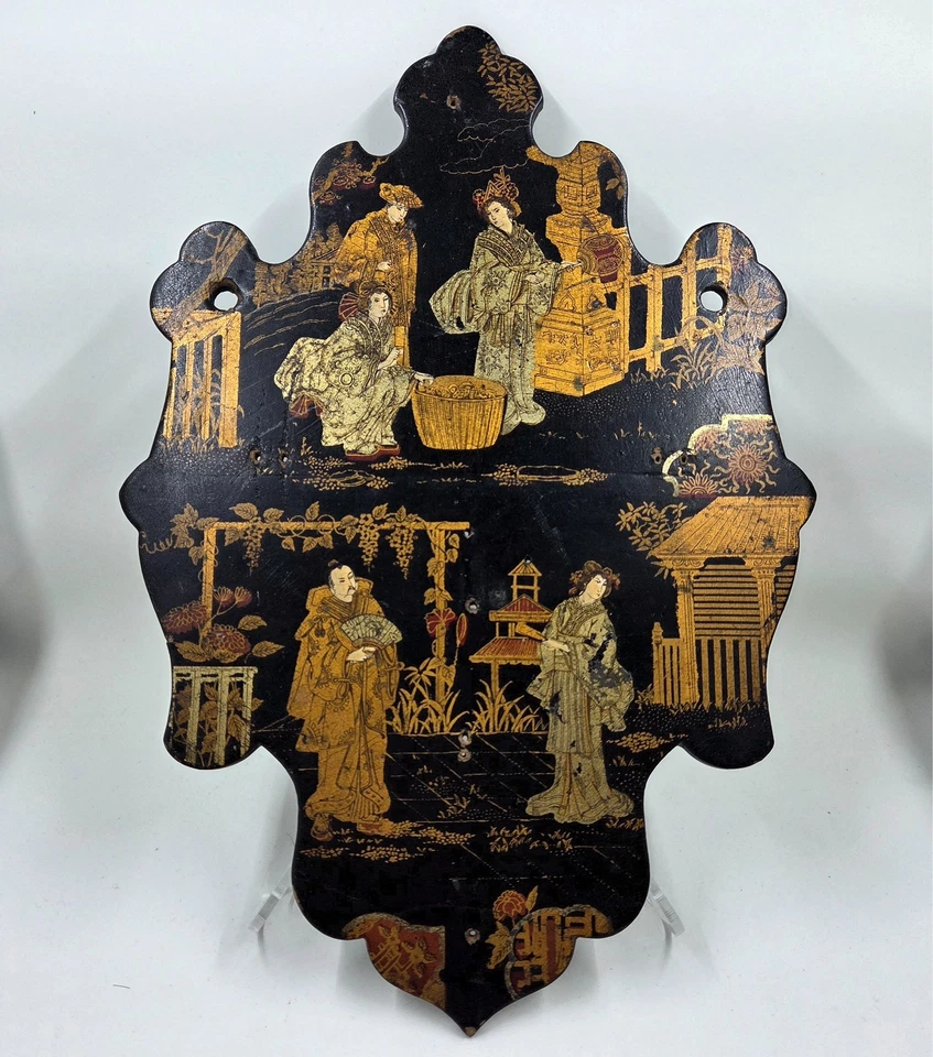 "Antiguo panel de estante plegable japonés de laca negra dorado diseño escénico 11""" Foto 1 de 4