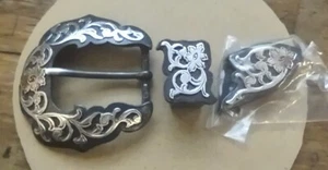 Western 3pc Buckle set 1" Antique silver and black color 11676-11 NOS Tandy (12) - Picture 1 of 4