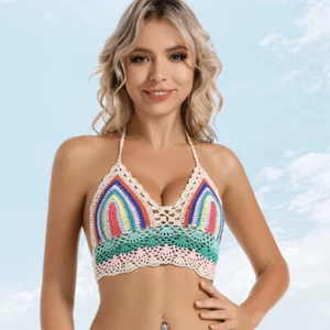Handmade Crochet Swimwear Stripe Women Beach Tank Sexy Crop Bikini  Halter Top - Picture 1 of 10