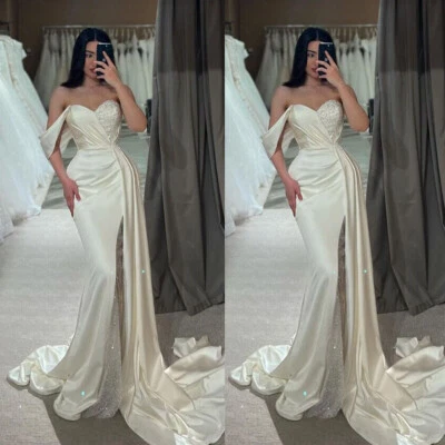 Satin Wedding Dresses with Slit Mermaid Glitter Beaded Corset Bridal Gown Custom - Image 1 of 4