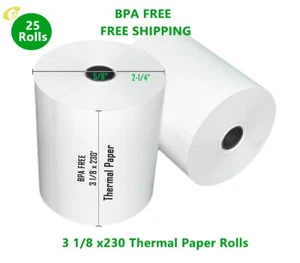3 1/8" x 230' THERMAL POS RECEIPT PRINTER ROLL PAPER BPA FREE USA 25 ROLLS - Picture 1 of 4