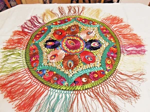 VINTAGE HUNGARIAN KALOCSAI SILK ROUND TABLECLOTH 29x23 - Picture 1 of 8