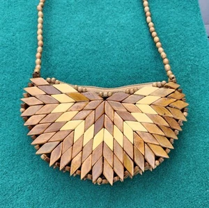 9" Wooden Patchwork Clutch Strap Bag Beaded Pieced Wood Purse Boho Bohemian - Picture 1 of 12