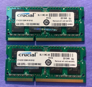 🟩CRUCIAL 8GB (2X4GB) DDR3L-1333 SODIMM RAM MEMORY CT4G3S1339M.M16FKD - Picture 1 of 2