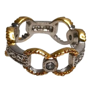 Gold Tone Silver Tone Cubic Zirconia Ring Size 8.5 Unique Modernist Style - Picture 1 of 8