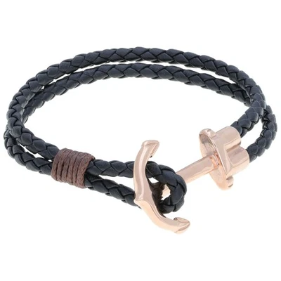 Pulsera de anclaje de acero inoxidable y cuero genuino negro con baño de rosa Foto 1 de 4