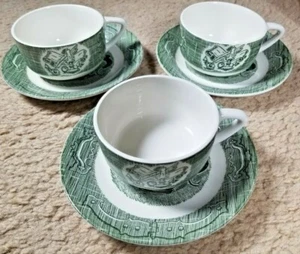 Set of 3 "The Old Curiosity Shop" Green Transferware Royal China Cup and Saucer - Picture 1 of 7