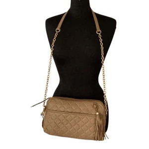 NWOT Isaac Mizrahi Camel Quilted Leather Crossbody Purse Gold Metal - Picture 1 of 9