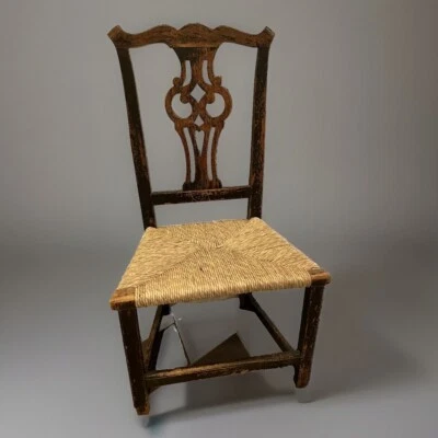 ANTIGUA SILLA LATERAL GALESA CHIPPENDALE CON ASIENTO RUSH Y CORAZÓN SPLAT C1740 Foto 1 de 4