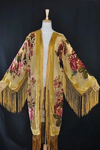 Art to Classic Eastern Flower Burnout Velvet Fringe Jacket Coat Kimono Duster - Picture 1 of 42