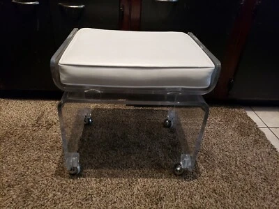VINTAGE LUCITE BENCH ON CASTERS WHITE VINYL CUSHION SPACE AGE MCM - Image 1 of 4