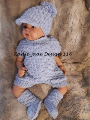 KADIE-JADE Baby Knitting Pattern #116 - To make Dungarees, Cap & Boots, 0-3m Baby
