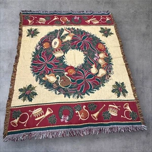Goodwin Weavers Wreath Christmas Holiday Tapestry Throw Cotton Green Red 60 X50 - Picture 1 of 7