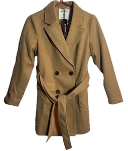 NWT Allegra K Women’s Coat XS Camel Tan Belted Double Breasted Long Jacket - Picture 1 of 5
