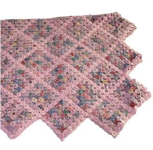 Vintage Yo Yo Quilt Coverlet Top Handarbeit Rosa Mehrfarbig 74 x 84 - Bild 1 von 18