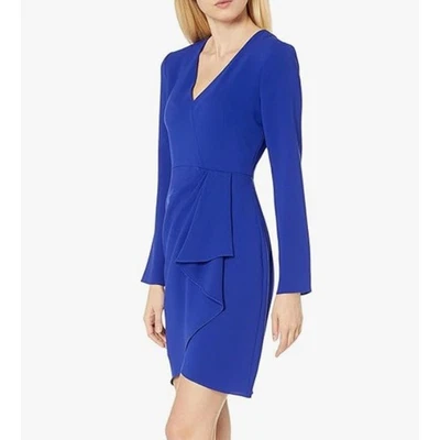 SHOSHANNA Lior Crepe V-neck Dress Size 14 Royal Blue Long Sleeve Party Workwear - Image 1 of 4