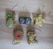 VTG Lot 5 Seed Beaded Sequin Star Stocking Crown Pineapple Christmas Ornaments