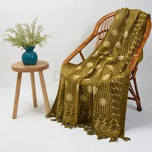 Home Decor Block Print Green Color Throw Blanket Indian Hand Loom Soft Cotton - Picture 1 of 6