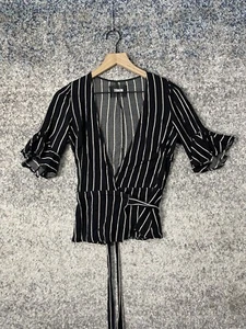 Reformation Ruffle Sleeve Opal Striped Wrap Top in Luciano Black Size Medium - Picture 1 of 8