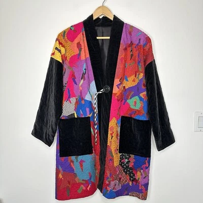 Patchwork Jacket Womens XL Kimono Crazy Colorful Art To Wear Boho Eclectic Rare - Image 1 of 4