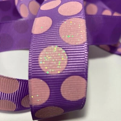 Pink Purple Glitter Polka Dot Ribbed Ribbon Morex Dazzle 1 Roll 7/8" 4yd  - Image 1 of 4