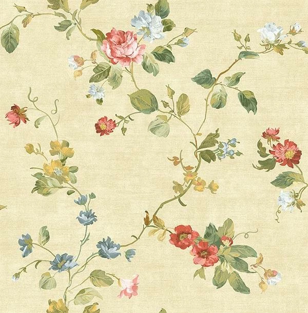 Papel Pintado Rojo Azul Rosa Verde Amarillo Floral Vid en Oro Perlado 56 pies cuadrados/Perno Foto 1 de 1