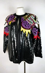 VTG 1980s Silk Sequined & Beaded Party Jacket Rockabilly Glam Rock L - Picture 1 of 8