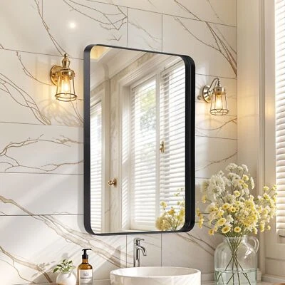 Bathroom Mirrors Black Metal Framed 24" x 36" Rounded Rectangle for Restroom - Image 1 of 4