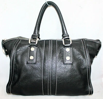 MILLY Black Leather Bag Zip Satchel Studs Contrast Stitching Silver Hdwr - Image 1 of 4